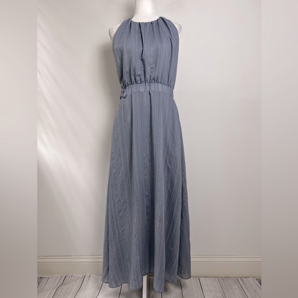 Grade & Gather Slate Blue Pinstripe Halter Neck Side Cutouts Chic Maxi Dress - Picture 2 of 11